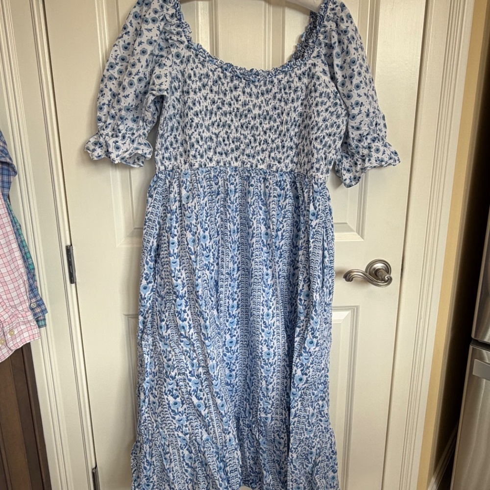 Pink City Prints XL Blue Smocked Midi Cindy Dress Blue Floral Short Sleeves